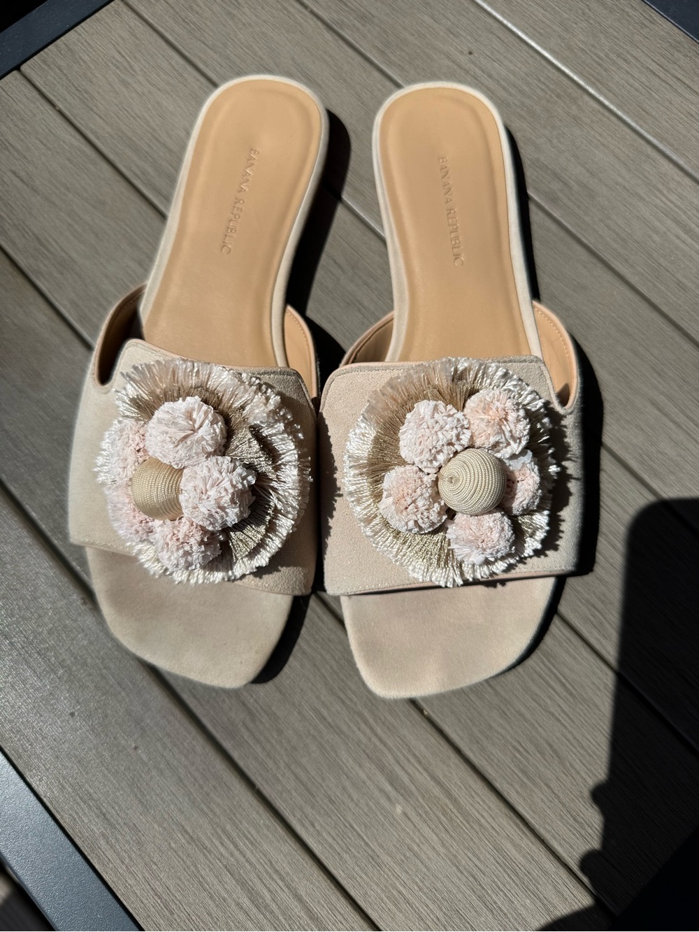 Banana Republic Blush Beige Suede Slide Mules with Floral Pom Embellishments